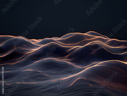 Digital abstract landscape with glowing wave lines and dark background, creating futuristic and dynamic visual effect with smooth flowing shapes and warm light accents