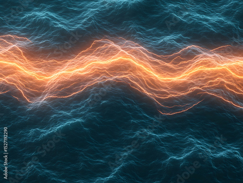 Abstract visualization of glowing orange and blue electric waves creating dynamic energy flow with sense of warmth and motion in dark background