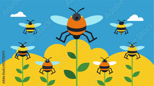 A swarm of tiny drones pollinate crops mimicking the behavior of bees to ensure maximum yield.. Vector illustration