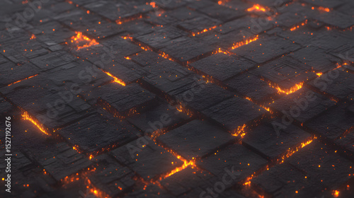 Burning charcoal with glowing orange embers and sparks glowing between blackened wood pieces, creating warm and intense fiery atmosphere