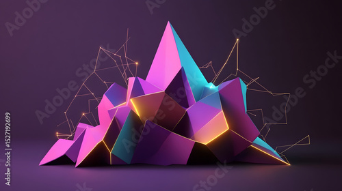 Abstract colorful geometric shape with glowing edges and connected lines, creating futuristic and artistic digital mountain landscape with vibrant purple and blue tones