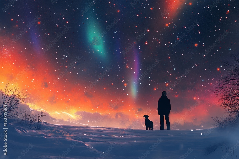 Fototapeta premium A solitary figure and a dog stand on a snow-covered landscape under a vibrant night sky, filled with colorful auroras and stars