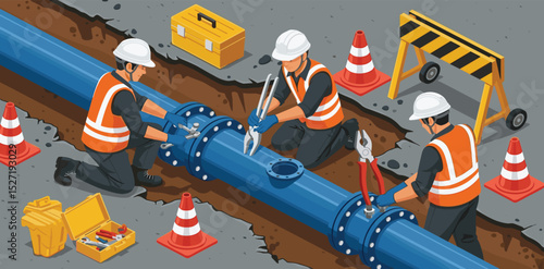 Utility workers performing maintenance on underground water pipeline beneath city road with safety cones and tools isometric cartoon