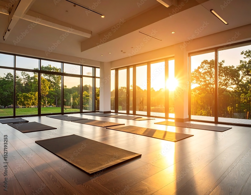 Fototapeta premium Sunlit yoga studio with large windows