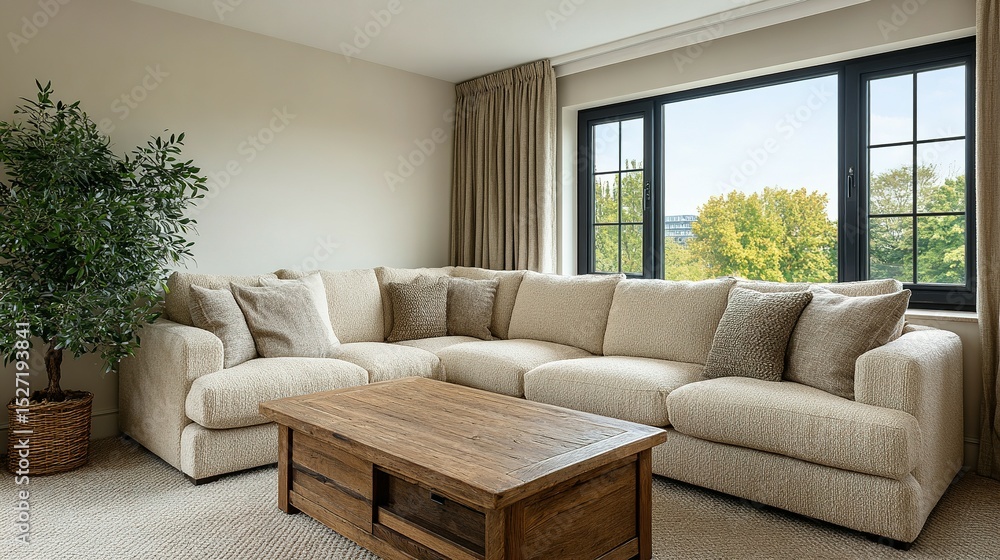 Obraz premium Light beige sectional sofa and coffee table in a modern living room.