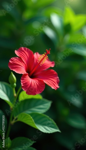 Single red hibiscus, lush green foliage background, plant life, close up, natural