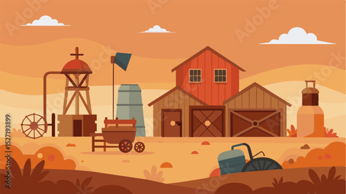 A deserted farmstead with rusty threshing machines and abandoned tools reminders of the hard work and lack of yield that led to the empty granaries.. Vector illustration