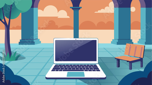 The courtyards tranquil atmosphere is interrupted by the occasional sound of keyboard clicks coming from a laptop resting on a stone bench.. Vector illustration