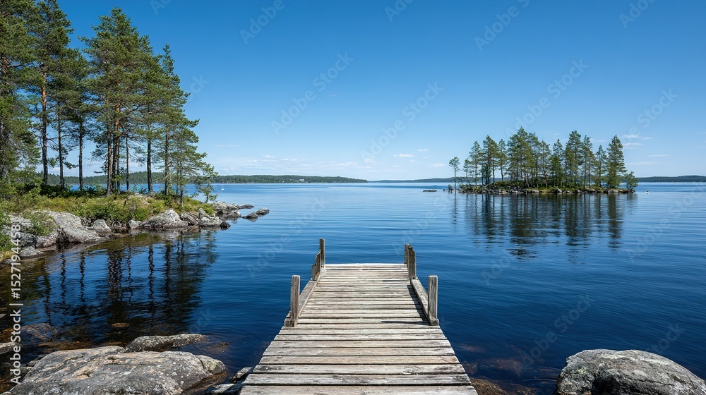 Obraz premium Tranquil lake scene with wooden pier and island.