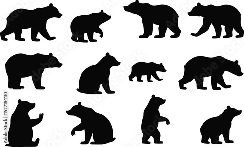 Collection of black bear silhouette vector icons in various poses, isolated on transparent background. Ideal for wildlife designs, logos, tattoos, and educational graphics.