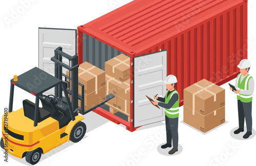 container loading Supervision and inspector concept worker with walkie talkie radio working shipping port isolated cartoon isometric isolated white background