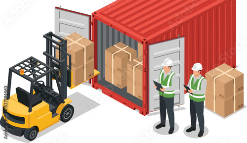container loading Supervision and inspector concept worker with walkie talkie radio working shipping port isolated cartoon isometric isolated white background
