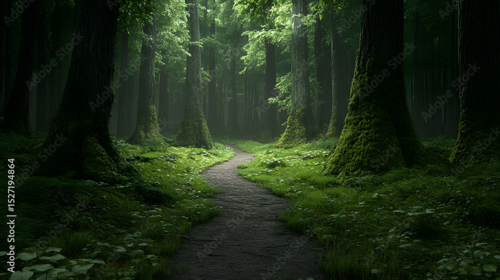 Fototapeta premium Dimly lit forest path winding through tall moss covered trees with lush green undergrowth creating mysterious and serene atmosphere in dense woodland