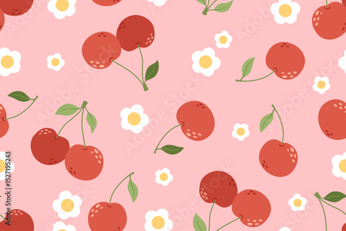 Summer seamless pattern with vector illustrations of fruits. Hand drawn healthy food set and cherry cartoon background.