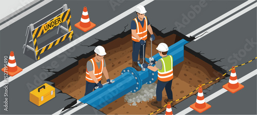 Technicians repairing underground water pipeline beneath city road to ensure efficient utility service and prevent infrastructure disruption isometric cartoon