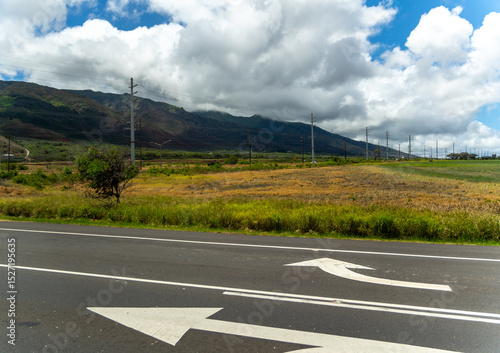 Road with arrows pointing in opposite directions, field, mountains, and cloudy sky.
