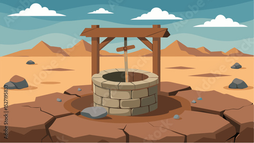 A dry cracked well filled with rocks and debris a stark reminder of the parched land and the lack of water.. Vector illustration