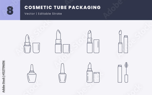 Minimal Vector Beauty Packaging of Cosmetic Tube Packaging Icons - Editable Stroke | Lipstick, Lip Gloss, Mascara, and Nail Polish