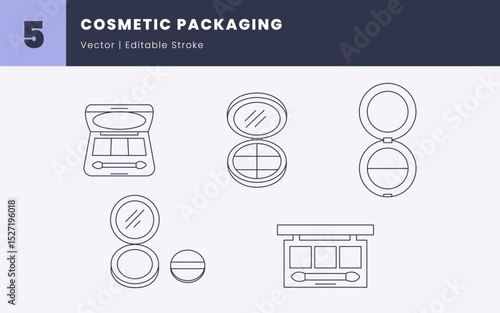 Cosmetic Packaging Icons - Editable Line Art Vector | Beauty Product Packaging for Face Makeup Design Needs | Compact Powder, Blush, and Eyeshadow Palette Outline Icons