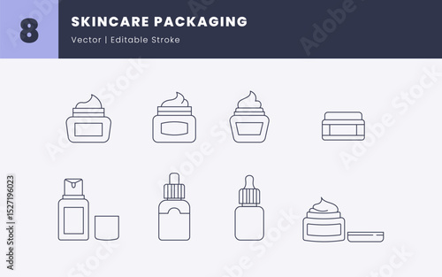 Skincare Packaging Icons - Editable Line Art Vector | Cream Jar, Pump Bottle, and Dropper Bottle Cosmetic Packaging | Clean Outline Icons for Moisturizer, Serum, and Face Cream Products
