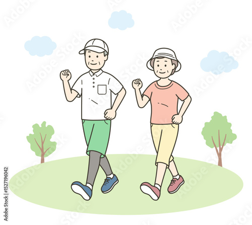 仲の良い老夫婦が公園で散歩を楽しんでいる全身イラスト