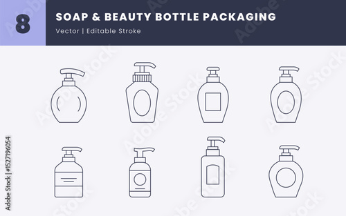 Soap and Beauty Bottle Icons - Editable Stroke Vector | Hand Soap and Body Lotion Packaging Outline Icons | Pump Dispenser Bottle Line Art for Skincare and Hygiene