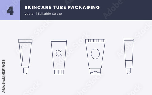 Skincare Tube Packaging Icons - Editable Stroke Vector | Lotion, Cream, and Sunscreen Tube Container Line Art | Cosmetic Tube Outline Icons for Branding and Product Design