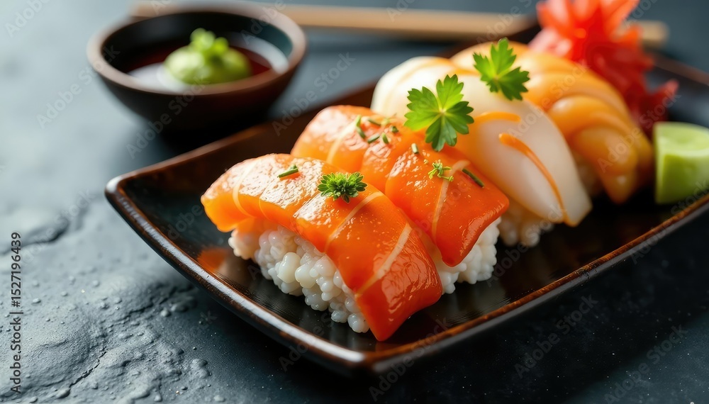 Colorful sushi platter, soy sauce, wasabi, ginger, sashimi, photography, sauce Colorful sushi platter, soy sauce, wasabi, ginger, sashimi, photography, sauce
