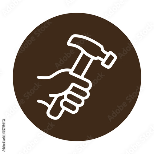 Hand grips hammer in brown circle. Icon symbol illustration