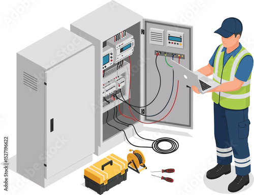 Electrical technician fixing a PLC control cabinet in a smart factory, isometric isolated cartoon