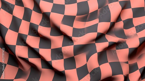 Wavy distorted checkerboard pattern with coral and dark gray squares creating unstable visual effect on fabric, showing folds and shadows with dynamic abstract design