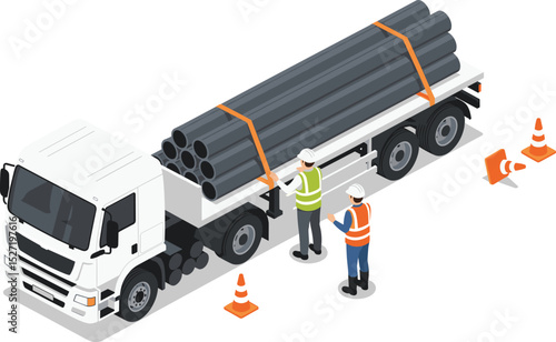 Two industrial workers inspecting and securing large steel pipes on a flatbed truck for transportation safety at a construction site isometric