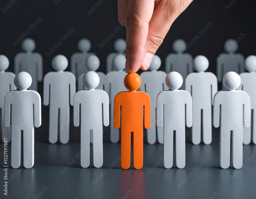 Hand selects orange figure from group of white figures, symbolizing recruitment and standout choice Hand selects orange figure from group of white figures, symbolizing recruitment and standout choice