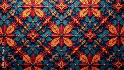 Geometric tapestry pattern, rich color palette, repeating design, decor, elegant