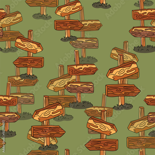 Seamless pattern with hand drawn road signs. Wooden signs with arrows. Nice design. Cartoon vector illustration for fabris, textile.