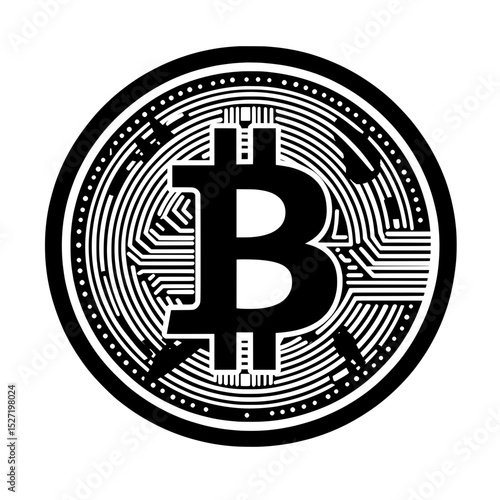 Highly detailed black and white Bitcoin coin icon representing blockchain and digital asset technology