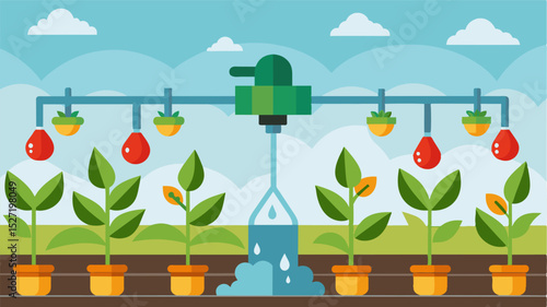 Automated drip irrigation systems infused with essential oils discourage pests from feeding on crops without contaminating the soil improving crop quality and reducing chemical. Vector illustration
