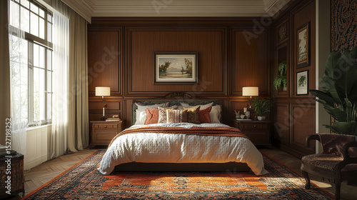 Wallpaper Mural Luxurious bedroom with wooden walls, elegant decor, and warm lighting creates cozy atmosphere Torontodigital.ca