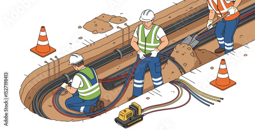underground electric fiber optic cable wiring construction engineering inspection and worker and technician working maintenance isometric isolated
