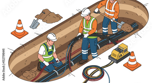 underground electric fiber optic cable wiring construction engineering inspection and worker and technician working maintenance isometric isolated