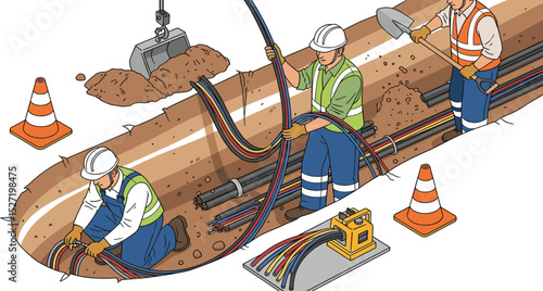 underground electric fiber optic cable wiring construction engineering inspection and worker and technician working maintenance isometric isolated
