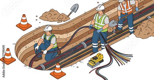 underground electric fiber optic cable wiring construction engineering inspection and worker and technician working maintenance isometric isolated