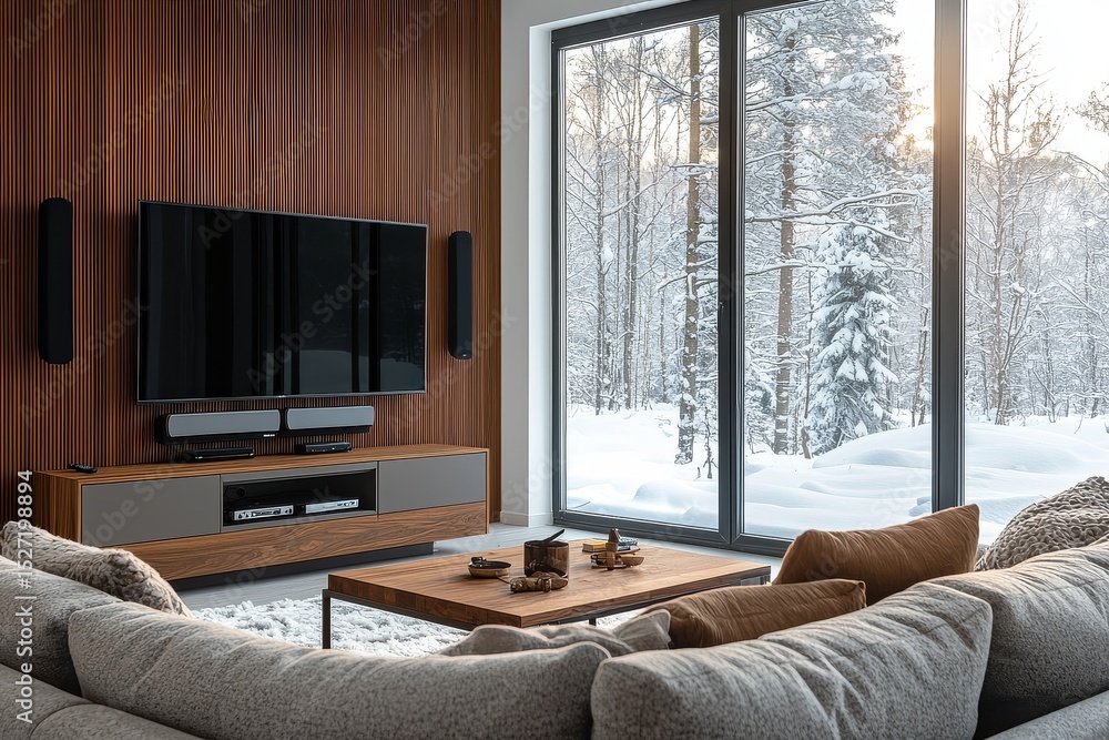 Obraz premium Stylish modern living room with large windows, gray sofa, wooden coffee table, and snowy landscape view in neutral tones