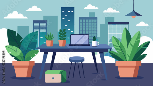 The freelancers rooftop workspace is the epitome of urban chic with a sleek desk set against a backdrop of lush greenery and potted succulents.. Vector illustration