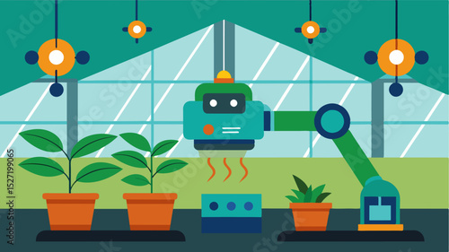 A robotic device monitors and controls the temperature and humidity levels inside greenhouses ensuring optimal growing conditions for delicate plants.. Vector illustration