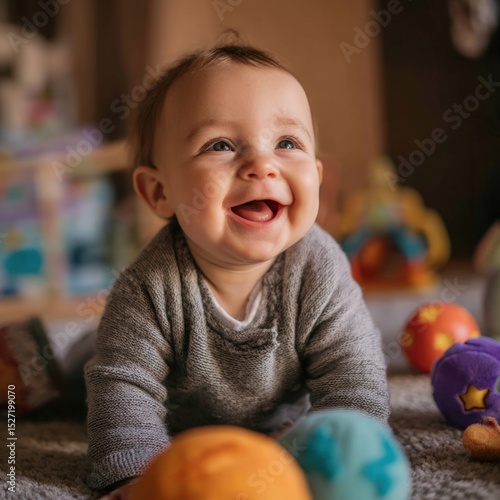 Happy Baby Lying on Stomach with Toys