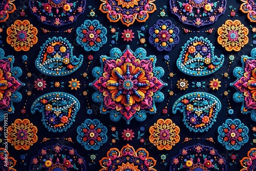 Large-scale paisley repeats, rich jewel tones, textile print, wallpaper design