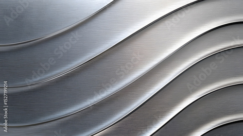 Warped metallic panel with smooth curved lines and brushed texture creating abstract modern design with shiny silver and gray gradient effect