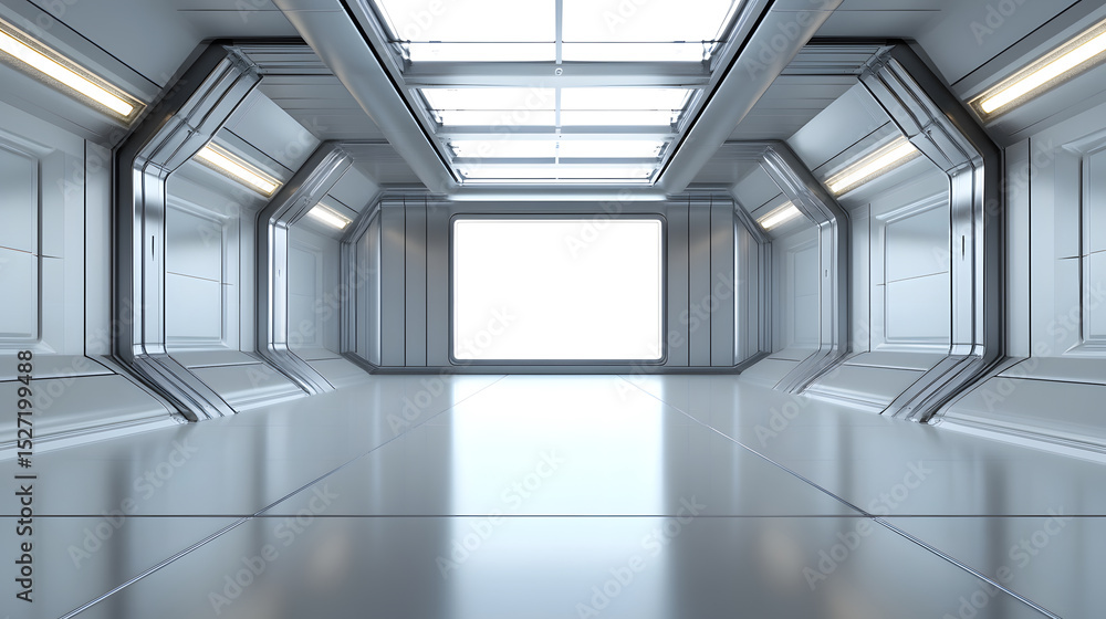 Obraz premium Futuristic empty corridor with metallic walls and bright lighting, featuring large illuminated window and sleek reflective floor, creating clean and modern atmosphere