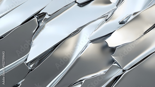 Warped panel with shiny metal surface and distorted reflections create abstract and futuristic texture with smooth and sharp edges in silver tones